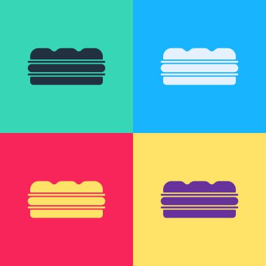 Pop Art Sandviç simgesi renkli arkaplanda izole edilmiş. Hamburger ikonu. Burger besin sembolü. Çizburger tabelası. Sokak fast food menüsü. Vektör.
