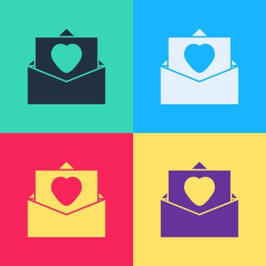 Sevgililer Günü kalp ikonlu Pop Art Envelope renk arkaplanında izole. Mesaj aşkım. Aşk ve romantizm mektubu. Vektör.