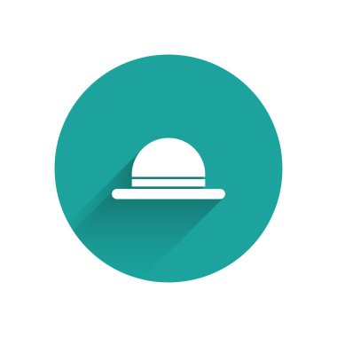 Beyaz Palyaço şapkası ikonu uzun gölgeli izole edilmiş. Melon şapka. Yeşil daire düğmesi. Vektör.