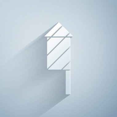 Kağıt kesiği, gri arka planda izole edilmiş havai fişek ikonu. Eğlence partisi anlayışı. Patlayıcı havai fişek sembolü. Kağıt sanatı tarzı. Vektör.