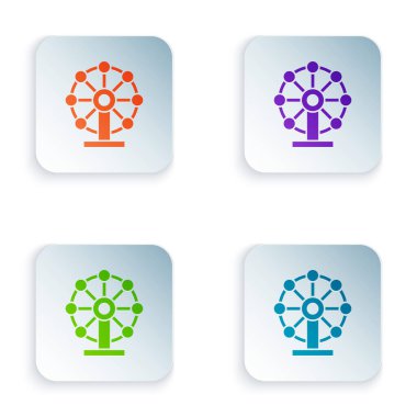 Renkli dönme dolap simgesi beyaz arkaplanda izole edildi. Eğlence parkı. Çocuklar için eğlence parkı, eğlence parkı. Kare düğmelere renkli simgeleri yerleştir. Vektör.