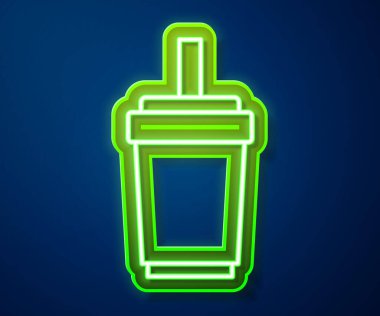 Mavi zemin üzerinde saman ve su ikonu olan parlak neon şeritli kağıt bardak. Soda bardağı. Taze soğuk içecek sembolü. Vektör.