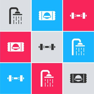 Duş başlığını, spor beslenmesini ve Dumbbell ikonunu ayarla. Vektör.