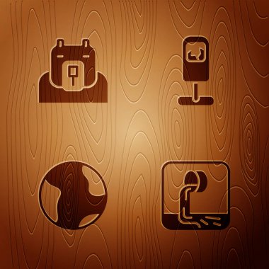 Atık su, kutup ayısı kafası, toprak küresi ve çöp tenekesini tahta zemine yerleştir. Vektör.