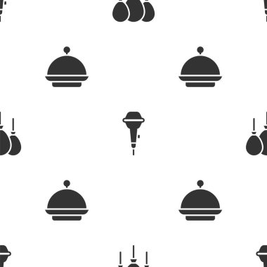 Balonları kurdeleli, mikrofonlu ve Noel örtülü tepsilerle kusursuz bir kalıba sokun. Vektör.