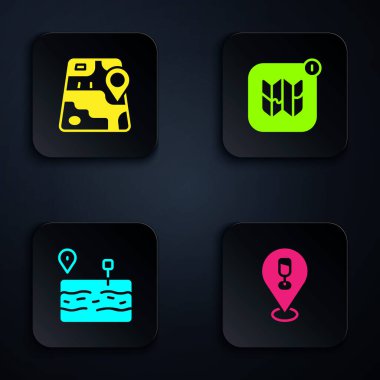 Alkol ya da bira barı konumu, şehir haritası navigasyonu, bozuk yol ve şehir bilgisi. Siyah kare düğme. Vektör.