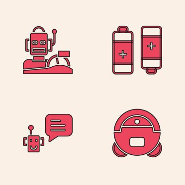 Robot elektrikli süpürge, insansı sürücü arabası, Batarya ve Bot simgesini ayarla. Vektör.