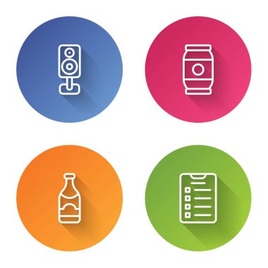 Set hattı Stereo hoparlörü, bira kutusu, şampanya şişesi ve yılbaşı golleri listesi. Renkli daire düğmesi. Vektör.