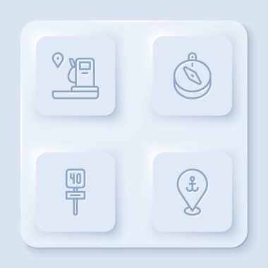 Hattı, benzinliği, pusulayı, trafik işaretini ve çapayı ayarlayın. Beyaz kare düğme. Vektör.