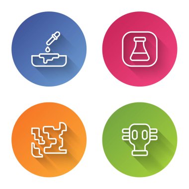 Petri kabını pipet, tüp ve matara, gaz ve maske ile ayarla. Renkli daire düğmesi. Vektör.