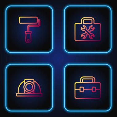 Hat çizgisi alet çantası, işçi kaskı, boya fırçası ve... Renk simgeleri. Vektör.