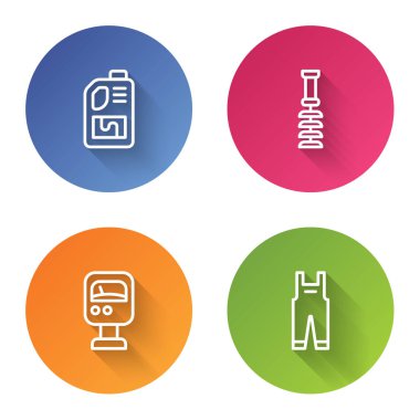 Kanalizasyon temizleyici şişesi, tuvalet fırçası, basınç ölçer ve iş tulumu ayarla. Renkli daire düğmesi. Vektör.