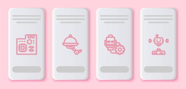 Anakart dijital çip, Garson robot, Robot ayarı ve parçalanmış. Beyaz dikdörtgen düğme. Vektör.