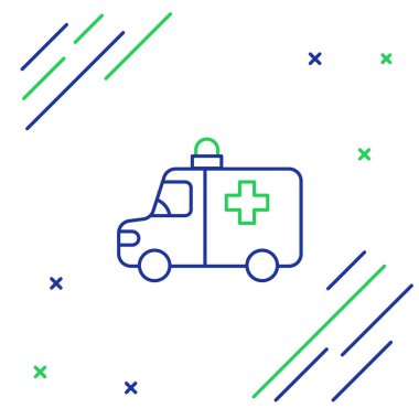 Beyaz arka planda hat ambulansı ve acil durum arabası ikonu izole edildi. Ambulans aracı tıbbi tahliye. Renkli taslak konsepti. Vektör.