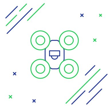 İHA uçuş simgesi beyaz arkaplanda izole edildi. Video ve fotoğraf makinesi sembollü dörtlü helikopter. Renkli taslak konsepti. Vektör.