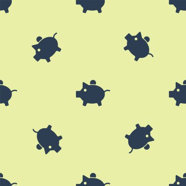 Mavi Domuz kumbarası ikonu sarı arka planda kusursuz desen izole etti. Tasarruf ya da para birikimi, yatırım. Vektör.