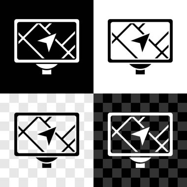 Siyah beyaz, şeffaf arkaplanda izole edilmiş harita simgesine sahip GPS aygıtını ayarla. Vektör.