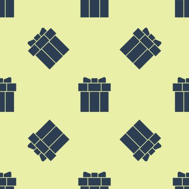 Mavi hediye kutusu simgesi sarı arkaplanda izole edilmiş pürüzsüz desen. Sevgililer Günü. Vektör.