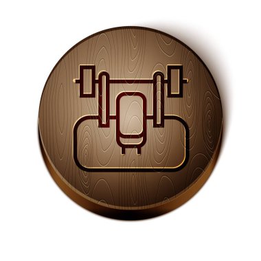 Kahverengi çizgi benç ve beyaz arka planda barbel simgesi var. Spor aletleri. Vücut geliştirme, ağırlık kaldırma, fitness konsepti. Tahta daire düğmesi. Vektör.