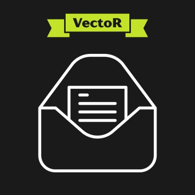 Beyaz çizgi Zarfı 'nda siyah arkaplanda izole edilmiş noel partisi davetiye kartı simgesi var. Mutlu Noeller ve mutlu yıllar. Vektör.