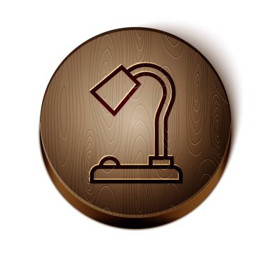 Kahverengi çizgi masa lambası simgesi beyaz arkaplanda izole edildi. Tahta daire düğmesi. Vektör.