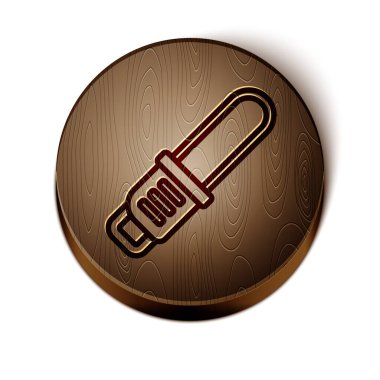 Kahverengi çizgili testere simgesi beyaz arkaplanda izole edilmiş. Tahta daire düğmesi. Vektör.