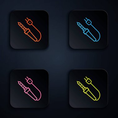 Renkli neon hattı lehim çözeltisi siyah arkaplanda izole edildi. Kare düğmelere simgeleri yerleştir. Vektör.