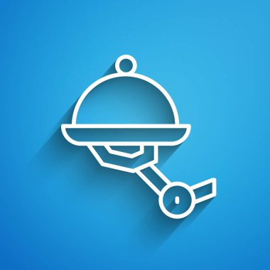 Mavi arka planda plaka simgesi olan beyaz çizgili garson robot. Yapay zeka, makine öğrenme, bulut hesaplama. Uzun gölge. Vektör.