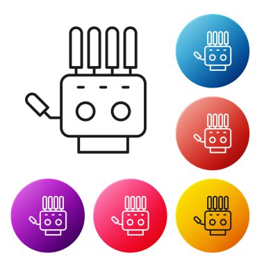 Siyah çizgi Mekanik robot el simgesi beyaz arkaplanda izole edildi. Robot kol sembolü. Teknolojik konsept. Renkli daire düğmelerini ayarlayın. Vektör.
