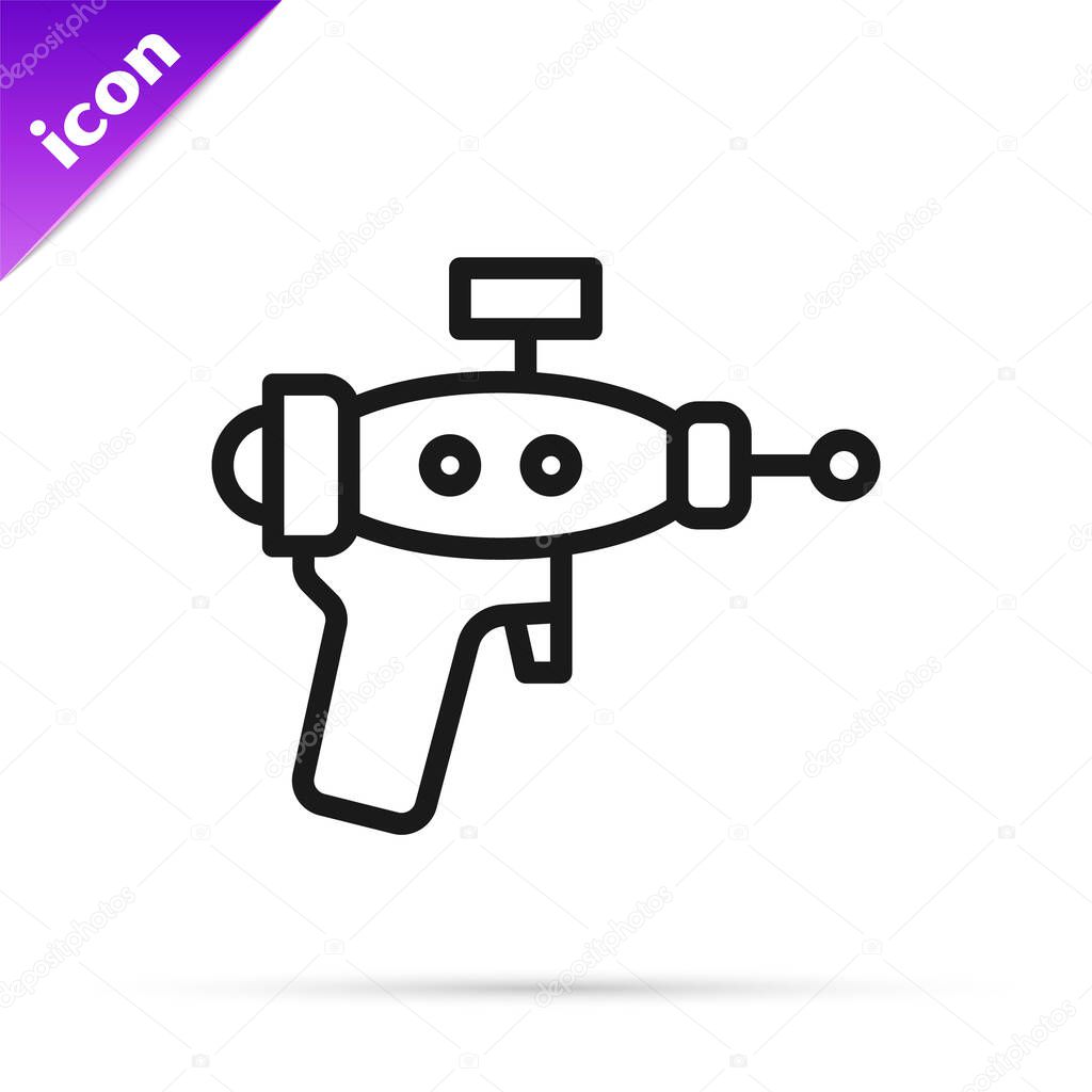 Black line Ray gun icon isolated on white background. Laser weapon. Space blaster.  Vector.