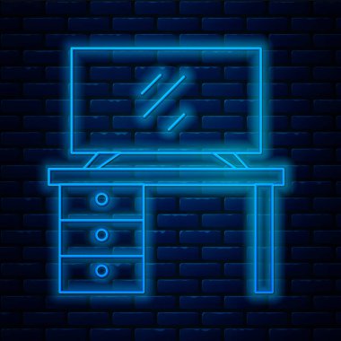 Parlayan neon hattı televizyon masası simgesi tuğla duvar arkasında izole edilmiş. Vektör.