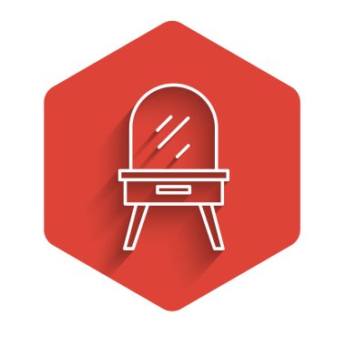 Beyaz çizgi giyinme masası simgesi uzun gölgeli izole edilmiş. Kırmızı altıgen düğmesi. Vektör.