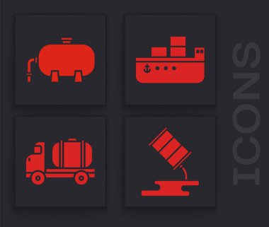 Set Barrel oil leak, Oil industrial factory building, Oil tanker ship and Tanker truck icon. Vector. clipart