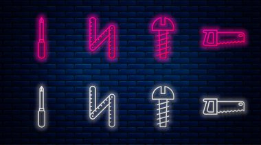 Çizgi katlama cetveli, metal vida, tornavida ve el testeresi. Tuğla duvarda parlayan neon simgesi. Vektör.
