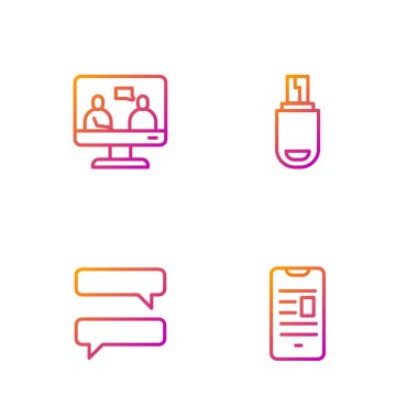 Çevrimiçi telefon rehberi, konuşma balonu sohbeti, eğitim ve USB flash bellek ayarlayın. Renk simgeleri. Vektör.