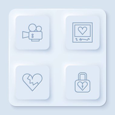 Sinema kamerası, fotoğraf çerçeveleri ve kalpler, kırık ya da boşanma ve kilit. Beyaz kare düğme. Vektör.