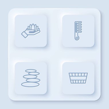 Sıra halinde Lotus çiçeği, saç fırçası, Yığınla sıcak taş ve sauna kovası. Beyaz kare düğme. Vektör.