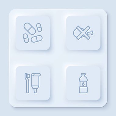 Vitamin hapı, et yok, diş fırçası, diş macunu ve bir şişe su. Beyaz kare düğme. Vektör.