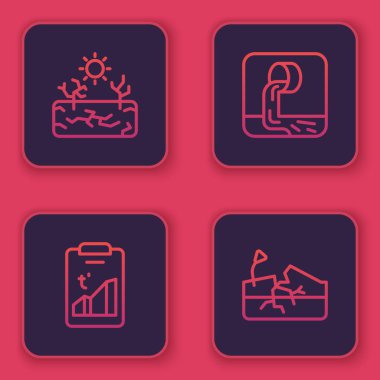 Kuraklık, Küresel Isınma, Atık Su ve Deprem Hattı. Mavi kare düğme. Vektör.