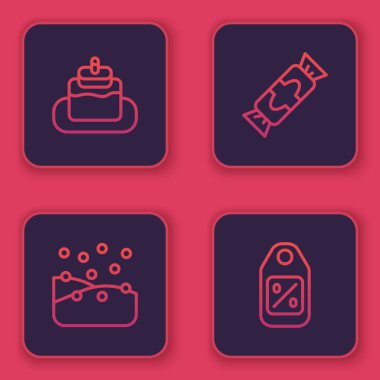 Cake, Snowfall, Candy and Price etiketli indirimli. Mavi kare düğme. Vektör.