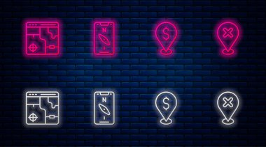 Hat pusulasını cep telefonuna, nakit konuma, şehir haritasının bilgilerine ve çapraz işaretli konuma ayarla. Tuğla duvarda parlayan neon simgesi. Vektör.