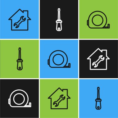 Hat tamiri, rulet inşaatı ve tornavida ikonu ayarlayın. Vektör.