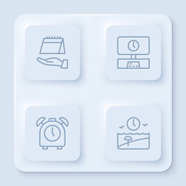 Satır Takvimi, Akıllı TV saati, Alarm saati ve Tatil. Beyaz kare düğme. Vektör.