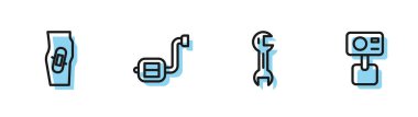 Çizgi anahtarı, bacağında alçı bisiklet pedalı ve ekstrem kamera simgesi. Vektör.