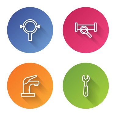 Hat filtre anahtarı, endüstriyel metalik boru, su musluğu ve İngiliz anahtarı. Renkli daire düğmesi. Vektör.