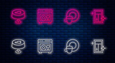 Bulaşık makinesi, bulaşık makinesi, masa örtüsünde leke ve pencere temizleme servisi. Tuğla duvarda parlayan neon simgesi. Vektör.