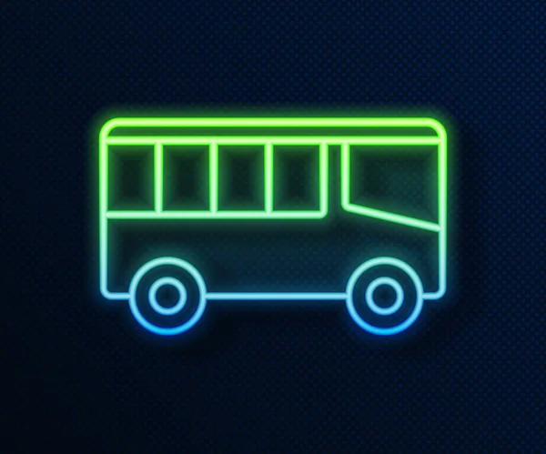 Glowing neon line Bus icon isolated on blue background. Transportation concept. Bus tour transport sign. Tourism or public vehicle symbol.  Vector.