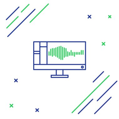 Line Sound ya da ses kaydedici ya da bilgisayar monitörü simgesindeki düzenleyici yazılımı beyaz arkaplanda izole edildi. Renkli taslak konsepti. Vektör.