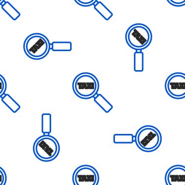 Çizgi büyüteç ve taksi arabası ikonu beyaz arka planda izole edilmiş pürüzsüz desen. Taksi araması. Renkli taslak konsepti. Vektör.