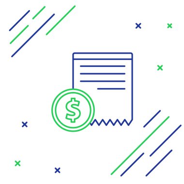 Beyaz arka planda çizgi kağıt kontrolü ve mali kontrol simgesi izole edildi. Kağıt baskı çeki, makbuz ya da fatura. Renkli taslak konsepti. Vektör.